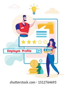 Employee Profile. Man Evaluates Work. Woman Carries Document Folders in Hands. Business Solutions. Analysis and Statistics. Evaluate Company.