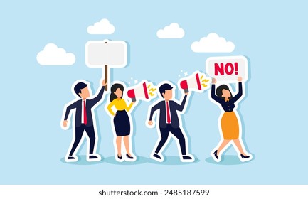 Employee protest, work strike, or demonstration for civil rights, democracy, or political activism, concept of People carrying protest signs, shouting through a megaphone