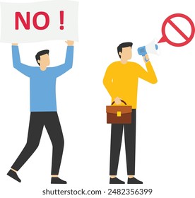 Employee protest, work strike or people demonstration, democracy or politic concept, people carrying protesting sign shouting on megaphone.

