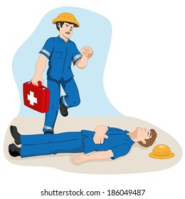 Employee providing first aid to another