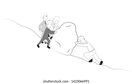 Employee Pushing A Huge Rock Against Multiple People On A Mountain Vector Character Illustration