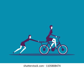 Employee pushing manager the way forward. Vector illustration business rider bicycle concept, Finance and economy.