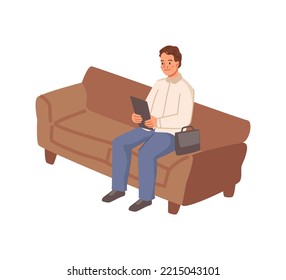 Employee Reading Report Or Documentation Sitting On Office Couch. Isolated Male Character, Manager Or Business Partner With Sheet Of Paper. Vector In Flat Cartoon Style