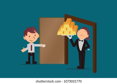 The employee receives gold bars, risky investments in the short term. executive opens the door to solving your problems, magic solutions, stock market concept