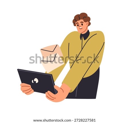 Employee receiving email messages. Man holding digital tablet with inbox e-mail notification. Office worker checking online correspondence. Flat vector illustration isolated on white background