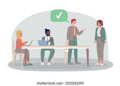 Employee receiving recognition 2D vector isolated illustration. Support of colleagues flat characters on cartoon background. Colorful editable scene for mobile, website, presentation