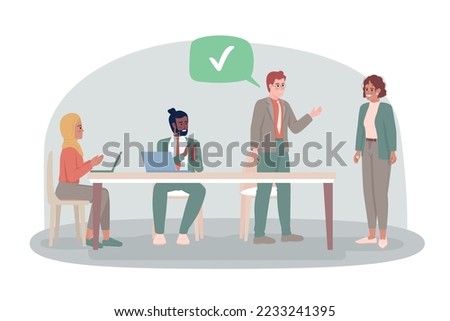 Employee receiving recognition 2D vector isolated illustration. Support of colleagues flat characters on cartoon background. Colorful editable scene for mobile, website, presentation