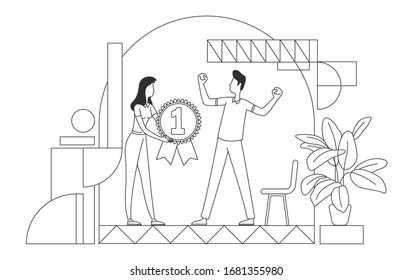 Employee recognition award thin line vector illustration. Employer and best worker outline characters on white background. Staff motivation, talent appreciation, HR management simple style drawing
