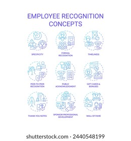 Employee recognition blue gradient concept icons. Team member appreciation. Workplace culture. Worker encouragement. Icon pack. Vector images. Round shape illustrations. Abstract idea