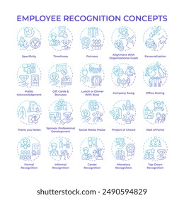 Employee recognition blue gradient concept icons. Workers motivation. Workplace culture. Boost morale. Appreciate staff. Icon pack. Vector images. Round shape illustrations. Abstract idea