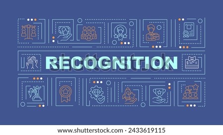 Employee recognition blue word concept. Workplace culture. Typography banner. Flat design. Vector illustration with title text, editable line icons. Ready to use. Arial Black font used
