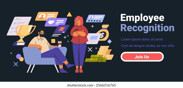 Employee recognition concept with two characters trophy money and icons on dark background website or mobile application screen