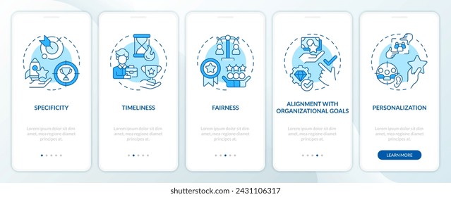 Employee recognition criteria blue onboarding mobile app screen. Walkthrough 5 steps editable graphic instructions with linear concepts. UI, UX, GUI template. Myriad Pro-Bold, Regular fonts used