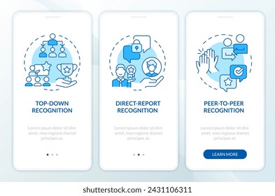 Employee recognition forms blue onboarding mobile app screen. Walkthrough 3 steps editable graphic instructions with linear concepts. UI, UX, GUI template. Myriad Pro-Bold, Regular fonts used