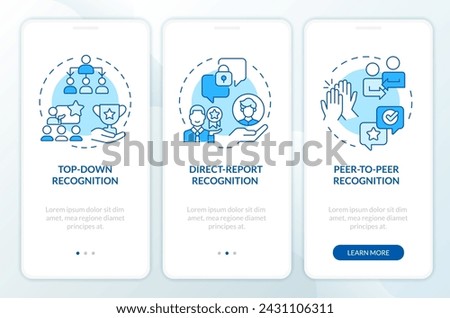 Employee recognition forms blue onboarding mobile app screen. Walkthrough 3 steps editable graphic instructions with linear concepts. UI, UX, GUI template. Myriad Pro-Bold, Regular fonts used