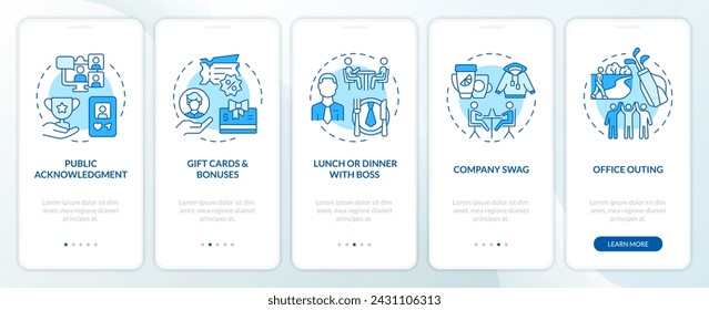Employee recognition ideas blue onboarding mobile app screen. Walkthrough 5 steps editable graphic instructions with linear concepts. UI, UX, GUI template. Myriad Pro-Bold, Regular fonts used
