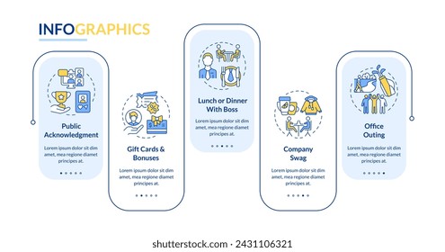 Plantilla infográfica de rectángulo azul de ideas de reconocimiento de empleados. Visualización de datos con 5 pasos. Gráfico de información de línea de tiempo editable. Diseño de flujo de trabajo con iconos de línea. Lato-Bold, fuentes normales utilizadas