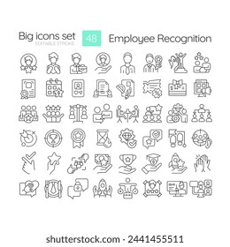 Employee recognition linear icons set. Corporate culture. Team spirit. Workers motivation. Team member gratitude. Customizable thin line symbols. Isolated vector outline illustrations. Editable stroke