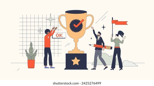 Employee recognition and motivational bonuses retro tiny person concept. Successful business reward or victory after staff challenges vector illustration. Personnel job performance competition.