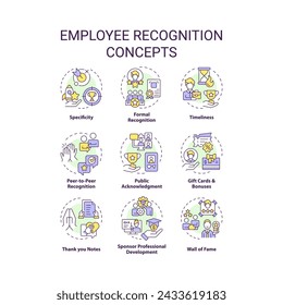 Employee recognition multi color concept icons. Team member appreciation. Workplace culture. Worker encouragement. Icon pack. Vector images. Round shape illustrations. Abstract idea