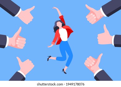 Employee recognition or proud worker of the month business concept flat style design vector illustration. Young adult woman jumps in the air and many thumbs up around him.