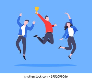 Employee recognition or proud worker of the month business concept flat style design vector illustration. Young adult man jumps in the air with trophy cup in the hand and many thumbs up around him.