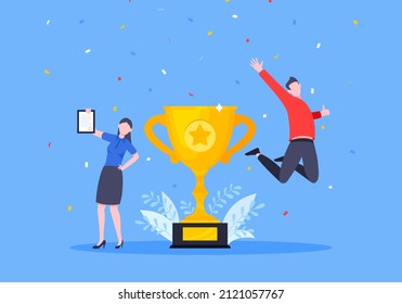 Employee Recognition Or Proud Workers Of The Month Business Concept Flat Style Design Vector Illustration. Young Adult People Jump In The Air With Trophy Cup.