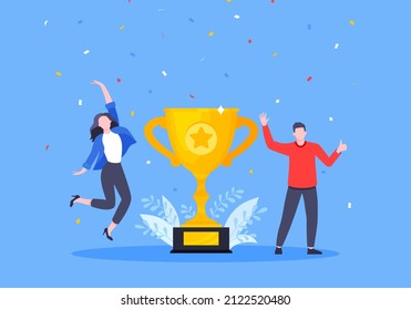 Employee recognition or proud workers of the month business concept flat style design vector illustration. Young adult people jump in the air with trophy cup.