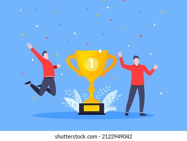 Employee recognition or proud workers of the month business concept flat style design vector illustration. Young adult people jump in the air with trophy cup.