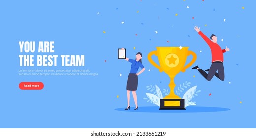 Employee recognition or proud workers of the month business concept flat style design vector illustration. Young adult people jump in the air with trophy cup.