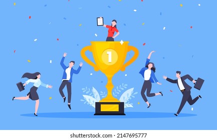 Employee recognition or proud workers of the month business concept flat style design vector illustration. Young adult people jump in the air with trophy cup.