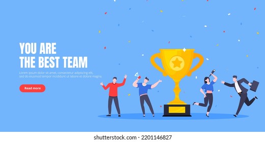 Employee recognition or proud workers of the month business concept flat style design vector illustration. Young adult people jump in the air near trophy cup.