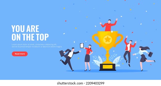 Employee recognition or proud workers of the month business concept flat style design vector illustration. Young adult people jump in the air near trophy cup.