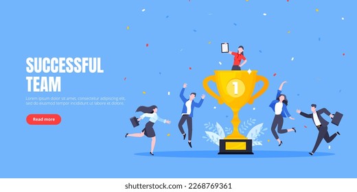 Employee recognition or proud workers of the month business concept flat style design vector illustration. Young adult people jump in the air near trophy cup.