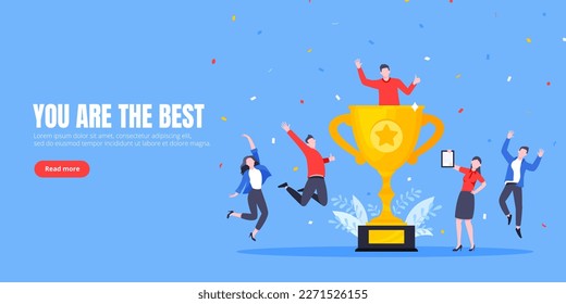 Employee recognition or proud workers of the month business concept flat style design vector illustration. Young adult people jump in the air near trophy cup.