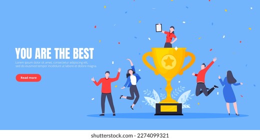 Employee recognition or proud workers of the month business concept flat style design vector illustration. Young adult people jump in the air near trophy cup.