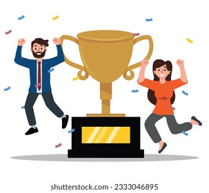 Reconocimiento de empleados o trabajadores orgullosos del mes concepto de negocios de diseño de estilo plano ilustración vectorial. Los adultos jóvenes saltan al aire con una copa de trofeo.