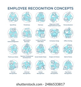 Employee recognition soft blue concept icons. Workers motivation. Workplace culture. Boost morale. Appreciate staff. Icon pack. Vector images. Round shape illustrations. Abstract idea