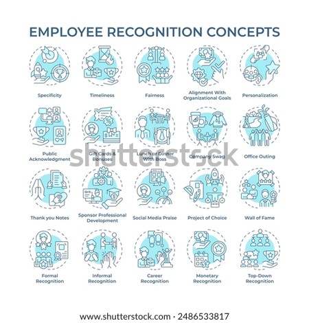 Employee recognition soft blue concept icons. Workers motivation. Workplace culture. Boost morale. Appreciate staff. Icon pack. Vector images. Round shape illustrations. Abstract idea