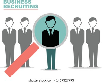 Employee recruiting concept illustration. Group of businessmen and a magnifying glass. Human resources job hiring icon. symbol vector target audience icon on the website