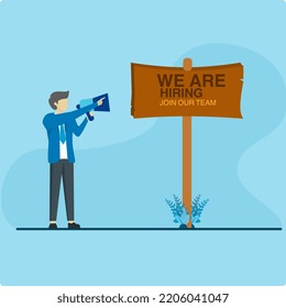 Employee recruitment concept. Man with megaphone announces vacancies and looking for professionals to work in company. Vector illustration visual story for web