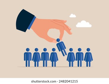 Employee recruitment or customer. Businessman hand chooses a people standing out from the crowd. Vector illustration