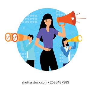 Employee Recruitment. Describes a collaborative team environment that emphasizes innovation, communication, and vision through passion. Flat vector modern illustration 