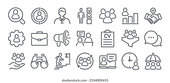 Reclutamiento de empleados y búsqueda de la cabeza editable icono de contorno de trazo aislado en Ilustración vectorial plana de fondo blanco. Píxel perfecto. 64 x 64