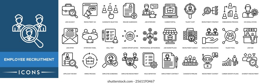 Employee Recruitment icon. Job Vacancy, Recruitment Ad, Candidate Selection, Resume Submission and Job Interview