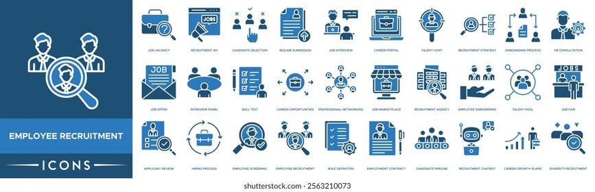 Employee Recruitment icon. Job Vacancy, Recruitment Ad, Candidate Selection, Resume Submission and Job Interview