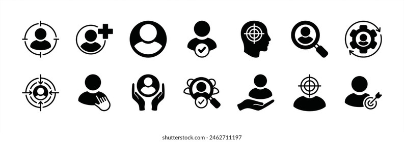 Symbol für Mitarbeiterrekrutierung festgelegt. Leute einstellen. Enthaltende Headhunting, Selected, Pointing, Choice, Manage, Search, Add, Target, Job, Bewerber, Human Resource, Partnerschaft. Vektorillustration