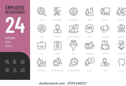 Employee Recruitment Line Editable Icons set. Vector illustration in modern thin line style of business related icons: resume, staff, headhunting, and more.