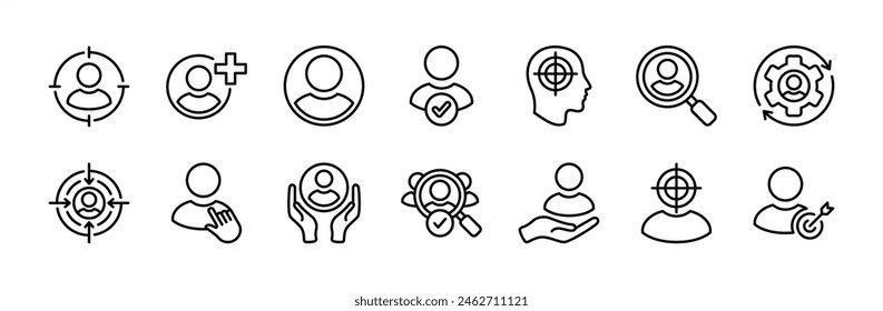 Employee recruitment thin line icon set. Hiring people. Containing headhunting, selected, pointing, choice, manage, search, add, target, job, candidate, human resource, partnership vector illustration