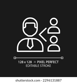Employee referral pixel perfect white linear icon for dark theme. Recommend candidate for position. Recruitment process. Thin line illustration. Isolated symbol for night mode. Editable stroke
